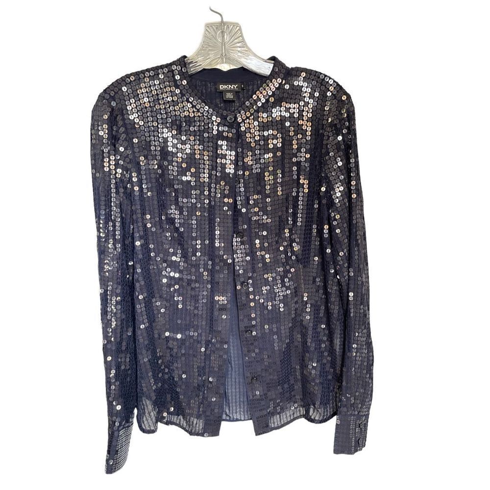 DKNY Sequin Long Sleeve Sheer Silk Blend Blouse Blue Size S